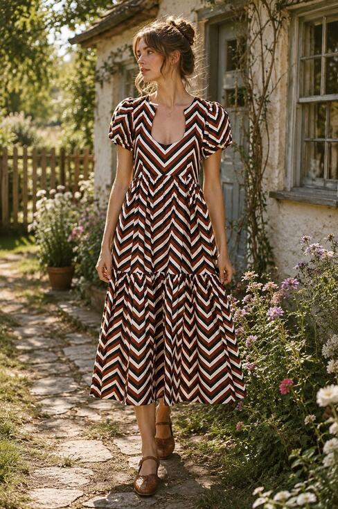Never a Wallflower Dresses & Skirts - Never a Wallflower Safari Chevron Midi Dress Peasant Cottagecore Boho Size Small